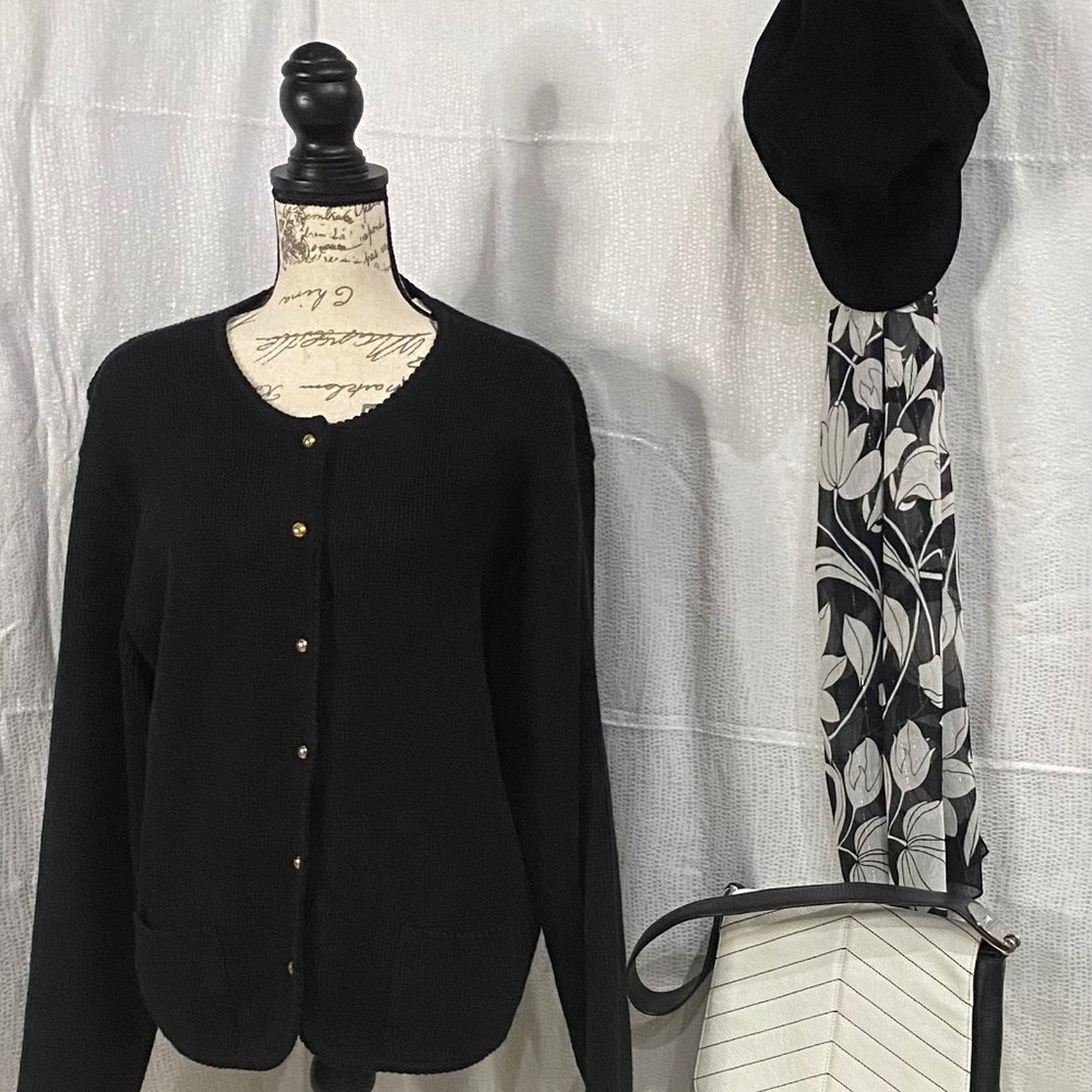 Vintage Karen Scott, Black knit, button down sweater. Size L